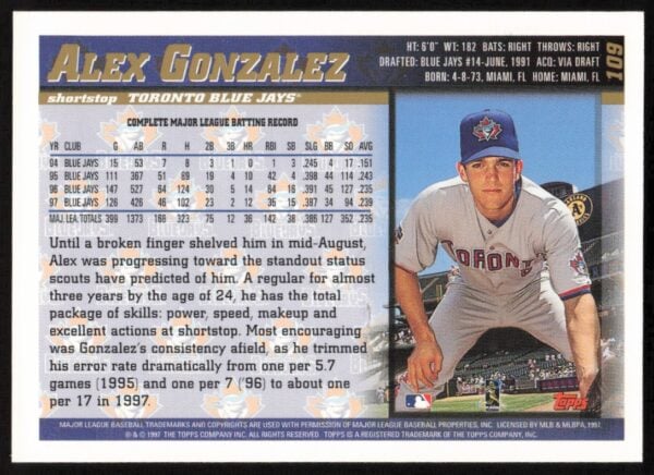 1998 Topps Alex Gonzalez #109 (Back)