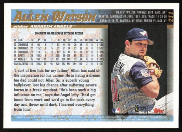 1998 Topps Allen Watson #211 (Back)