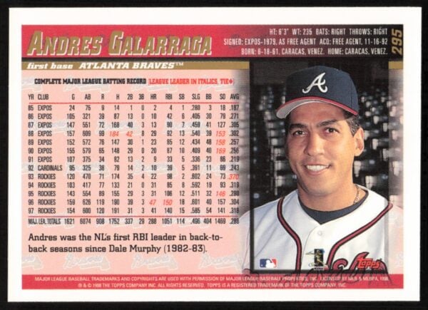 1998 Topps Andres Galarraga #295 (Back)