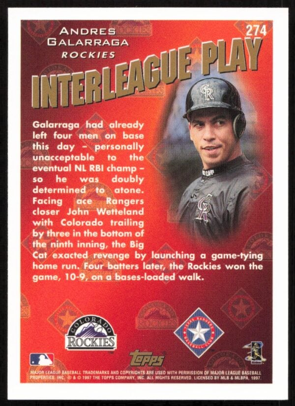 1998 Topps Andres Galarraga Interleague Play #274 (Back)