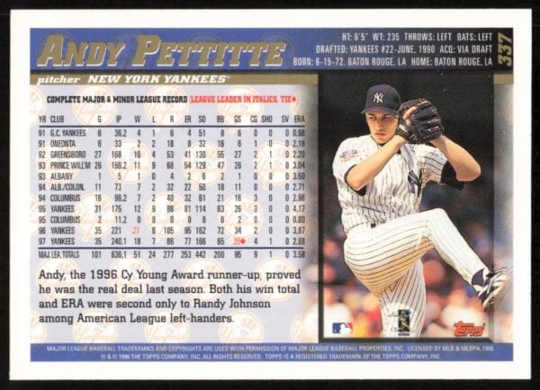 1998 Topps Andy Pettitte #337 (Back)