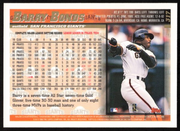 1998 Topps Barry Bonds #317 (Back)