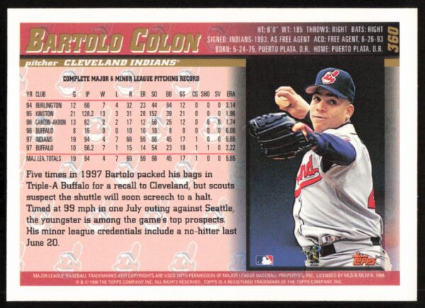 1998 Topps Bartolo Colon #360 (Back)