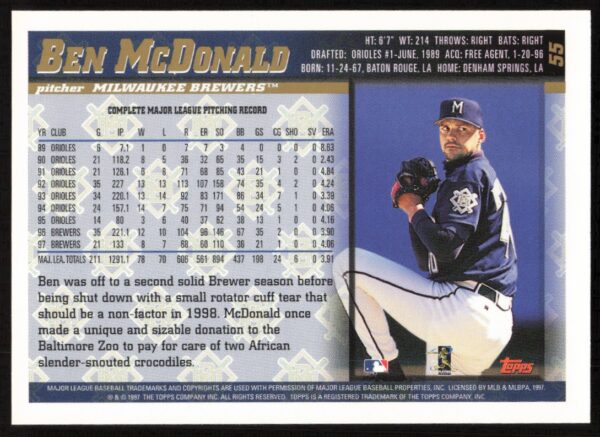 1998 Topps Ben McDonald #55 (Back)