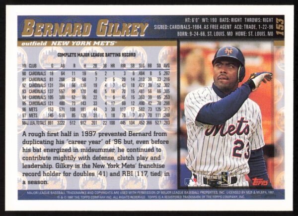 1998 Topps Bernard Gilkey #153 (Back)