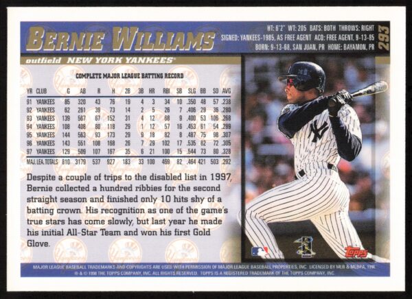 1998 Topps Bernie Williams #293 (Back)