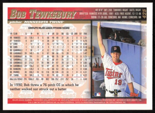 1998 Topps Bob Tewksbury #425 (Back)