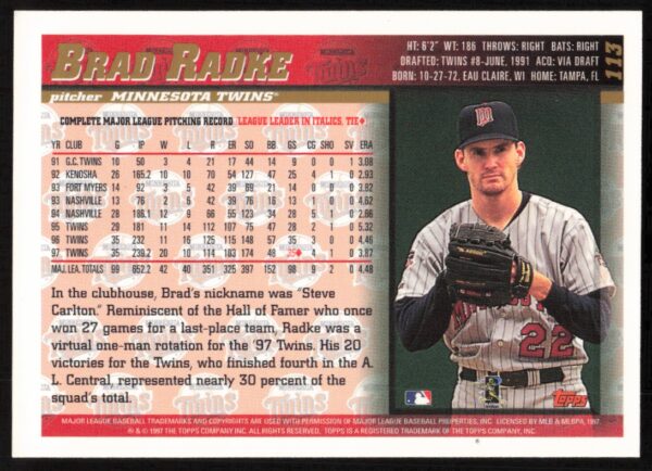 1998 Topps Brad Radke #113 (Back)