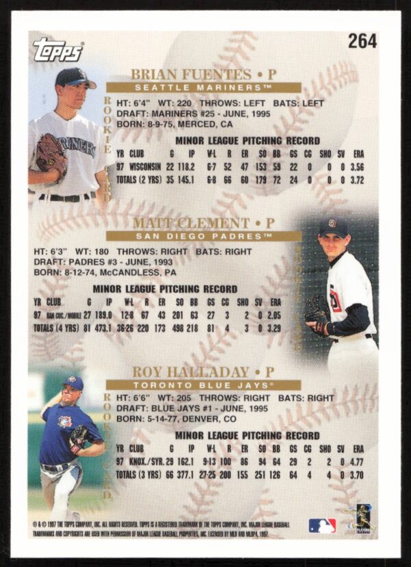 1998 Topps Brian Fuentes / Matt Clement / Roy Halladay Prospects #264 (Back)