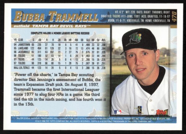 1998 Topps Bubba Trammell #470 (Back)