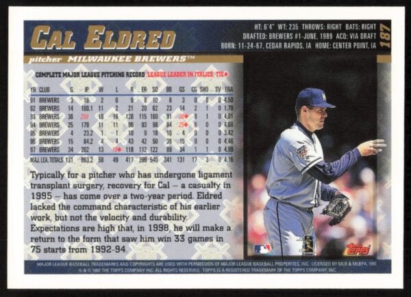 1998 Topps Cal Eldred #187 (Back)