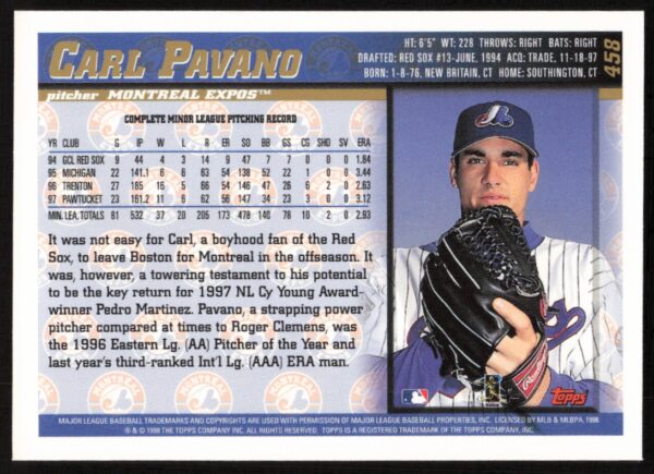 1998 Topps Carl Pavano #458 (Back)