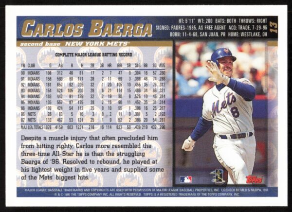 1998 Topps Carlos Baerga #13 (Back)