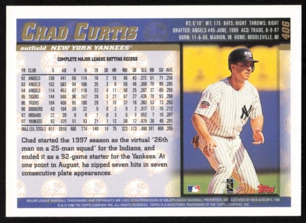 1998 Topps Chad Curtis #406 (Back)