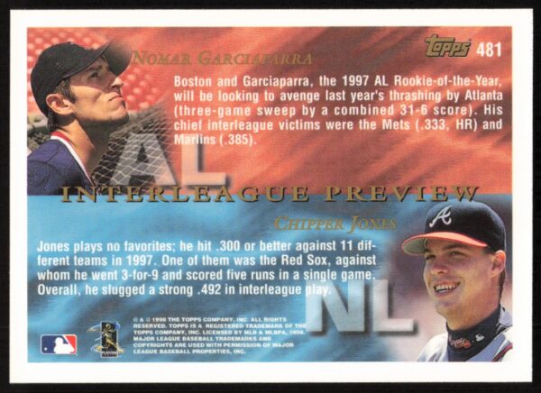 1998 Topps Chipper Jones / Nomar Garciaparra Interleague Preview #481 (Back)