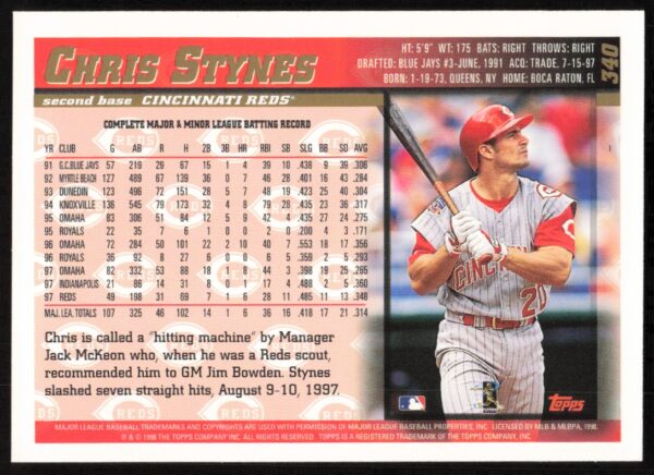 1998 Topps Chris Stynes #340 (Back)