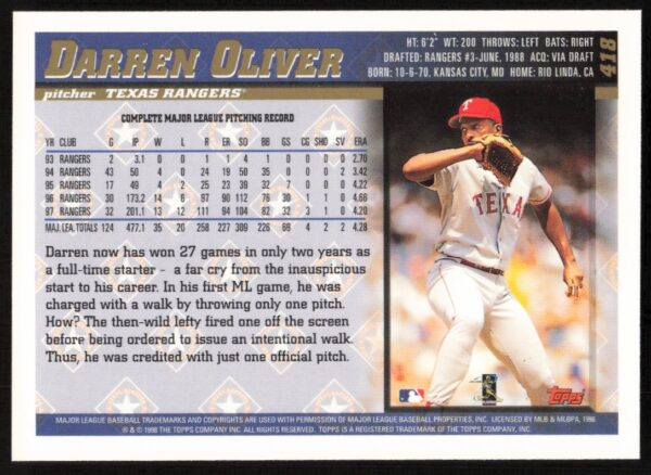 1998 Topps Darren Oliver #418 (Back)