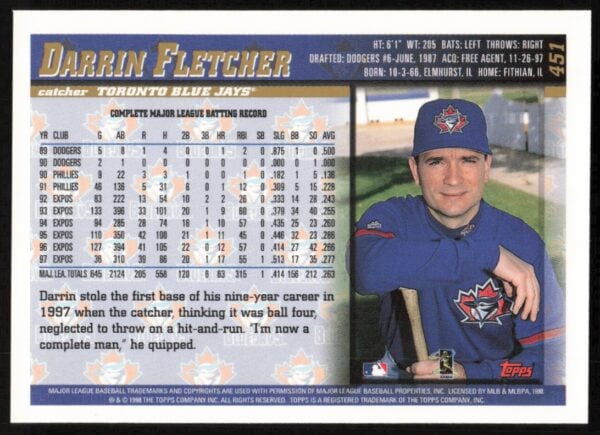 1998 Topps Darrin Fletcher #451 (Back)