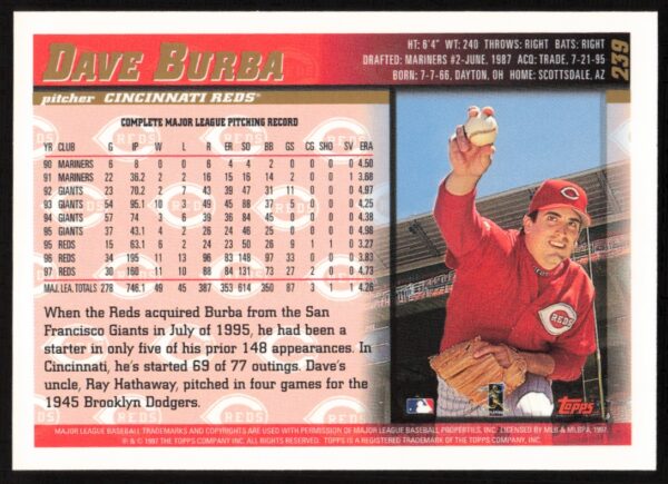 1998 Topps Dave Burba #239 (Back)