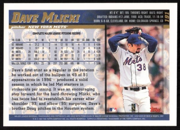 1998 Topps Dave Mlicki #191 (Back)