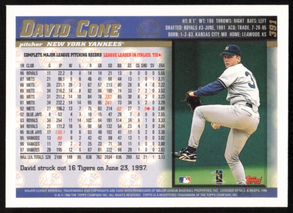 1998 Topps David Cone #391 (Back)