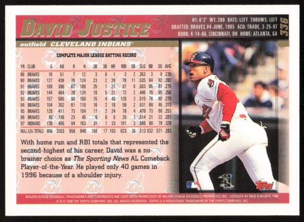 1998 Topps David Justice #336 (Back)