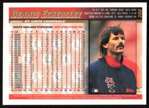 1998 Topps Dennis Eckersley #200 (Back)