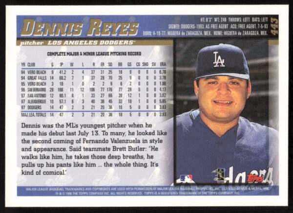 1998 Topps Dennis Reyes #443 (Back)