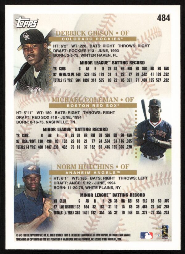 1998 Topps Derrick Gibson / Michael Coleman / Norm Hutchins Prospects #484 (Back)