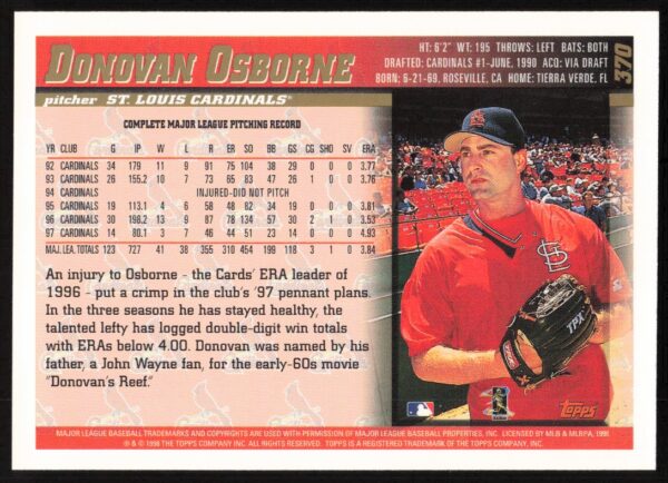 1998 Topps Donovan Osborne #370 (Back)