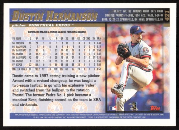 1998 Topps Dustin Hermanson #421 (Back)