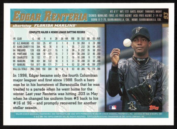 1998 Topps Edgar Renteria #93 (Back)