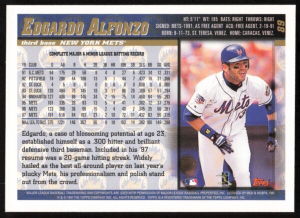 1998 Topps Edgardo Alfonzo #89 (Back)