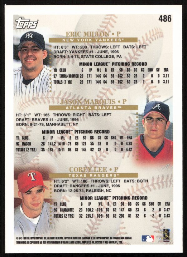 1998 Topps Eric Milton / Marquis Grissom / Corey Lee Prospects #486 (Back)