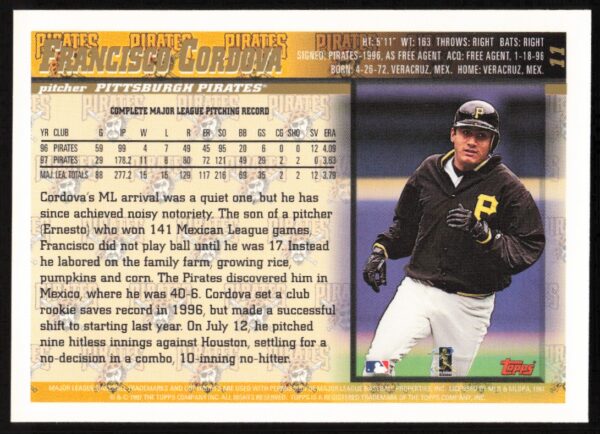 1998 Topps Francisco Cordova #11 (Back)