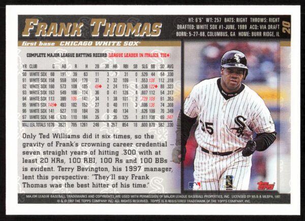 1998 Topps Frank Thomas #20 (Back)