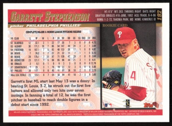 1998 Topps Garrett Stephenson #192 (Back)