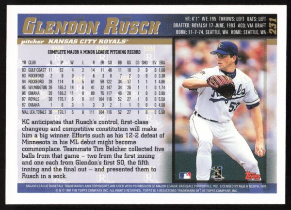 1998 Topps Glendon Rusch #231 (Back)