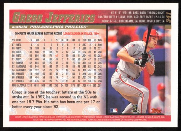 1998 Topps Gregg Jefferies #341 (Back)