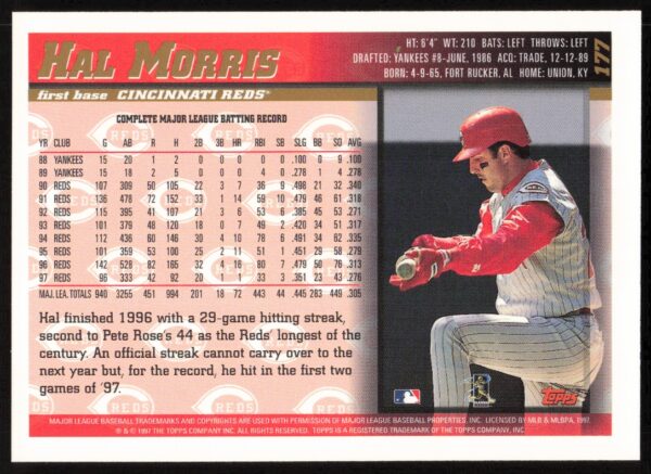 1998 Topps Hal Morris #177 (Back)