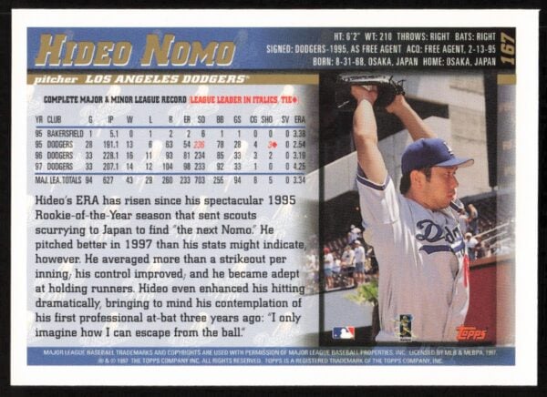 1998 Topps Hideo Nomo #167 (Back)