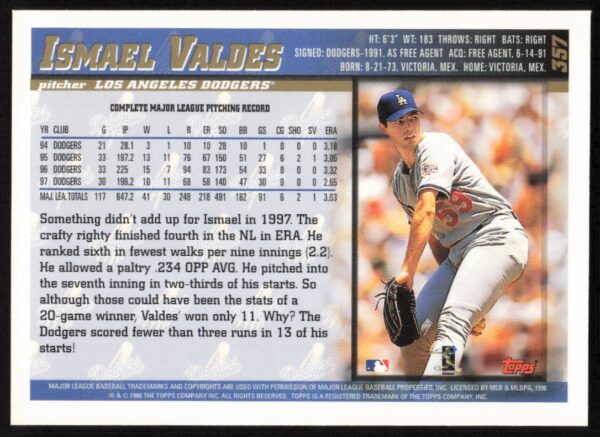 1998 Topps Ismael Valdes #357 (Back)