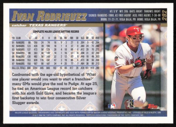 1998 Topps Ivan Rodriguez #292 (Back)