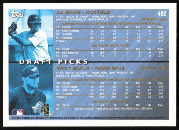 1998 Topps J.J. Davis / Troy Glaus Draft Picks #492 (Back)