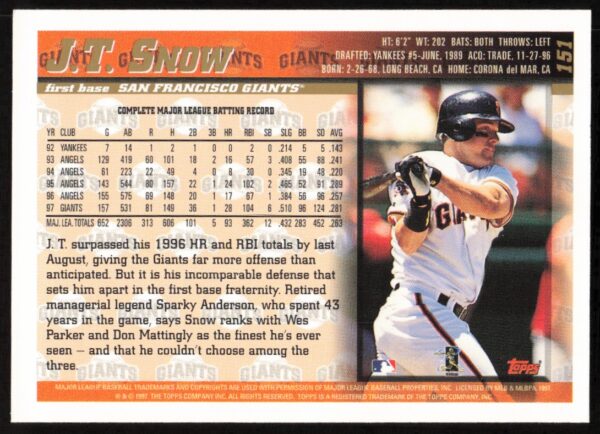 1998 Topps J.T. Snow #151 (Back)