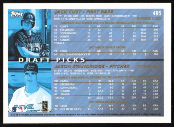 1998 Topps Jack Cust / Jason Standridge Draft Picks #495 (Back)