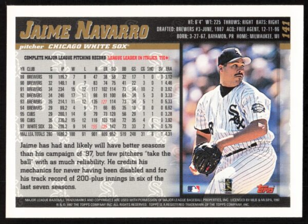 1998 Topps Jaime Navarro #141 (Back)