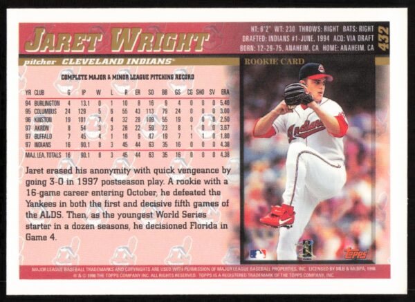 1998 Topps Jaret Wright #432 (Back)