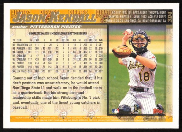 1998 Topps Jason Kendall #304 (Back)