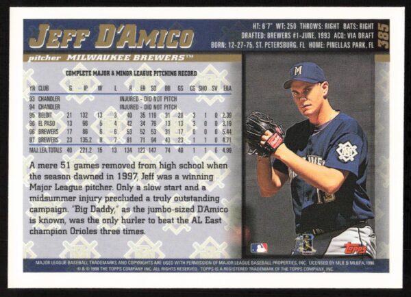 1998 Topps Jeff D'Amico #385 (Back)